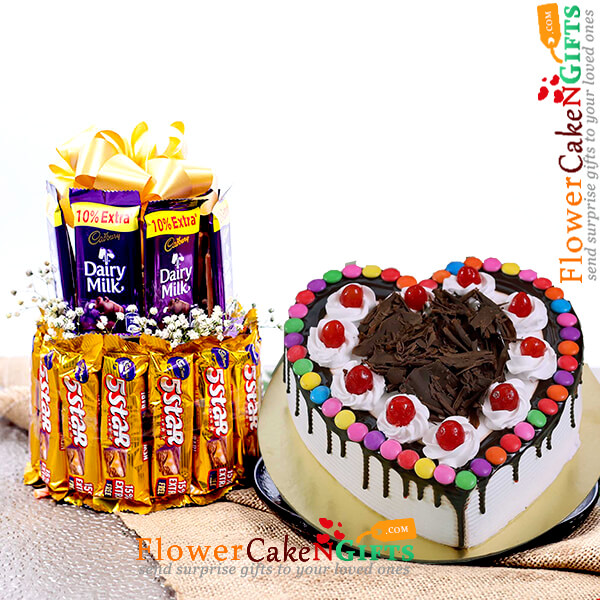 send half kg heart shape black forest gems cake with two layer chocolate arrangement delivery