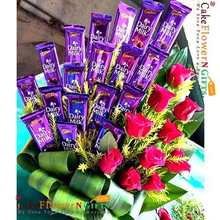 send 10 red roses with 20 dairy milk bouquet delivery