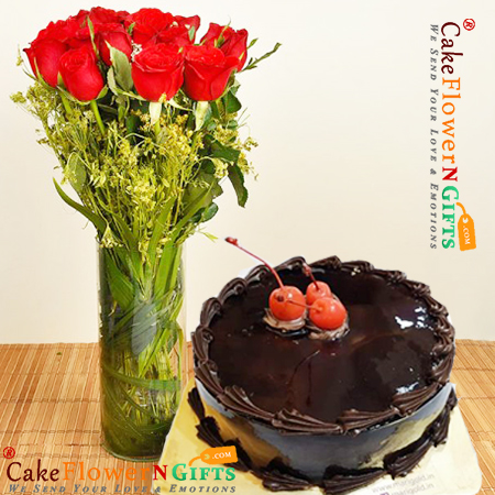 1kg chocolate truffle cake and 10 roses in vase