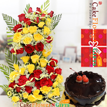send half kg chocolate truffle cake and 50 red n yellow tall basket  delivery