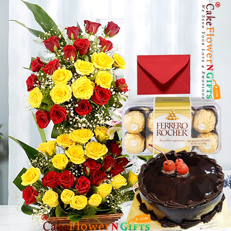 send 1kg chocolate truffle cake and 50 red n yellow tall basket ferocher chocolate delivery