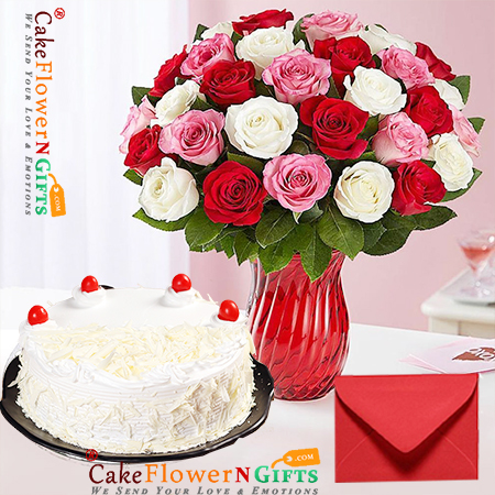send 1kg white forest cake n 36 red white pink rose in glass vase delivery