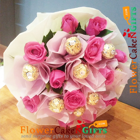 send 12 pink roses with 8 ferrero rocher chocolate bouquet delivery