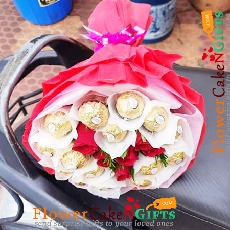 send 5 red roses with 16 ferrero rocher chocolate bouquet delivery