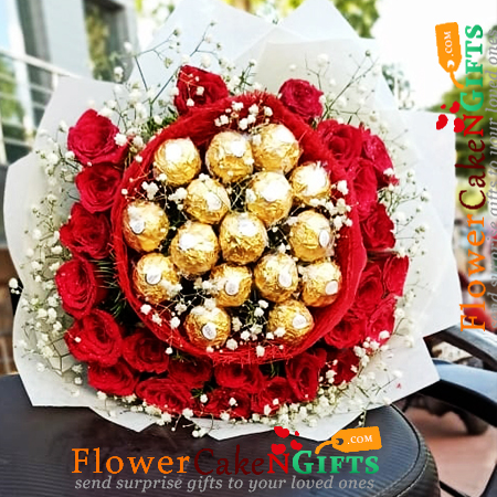 send 25 red roses with 16 ferrero rocher chocolate bouquet delivery