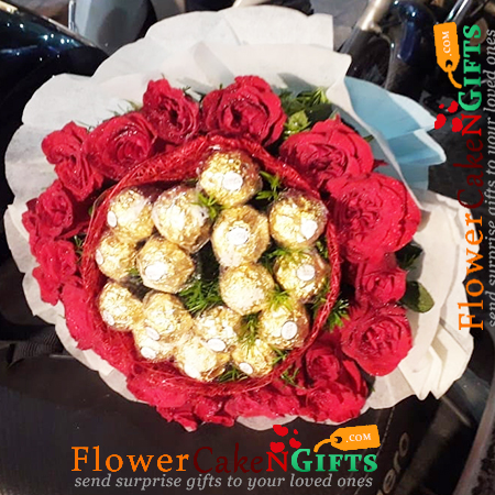 send 20 red roses with 16 ferrero rocher chocolate bouquet delivery