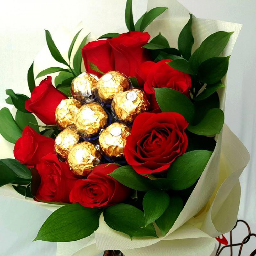 send 8 red roses 8 ferocher chocolate bouquet delivery