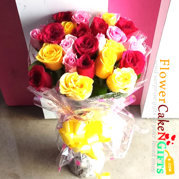 send 20 red yellow white pink roses bouquet delivery