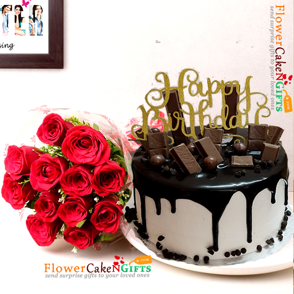 send half kg  designer chocolate cake and 10 roses bouquet delivery