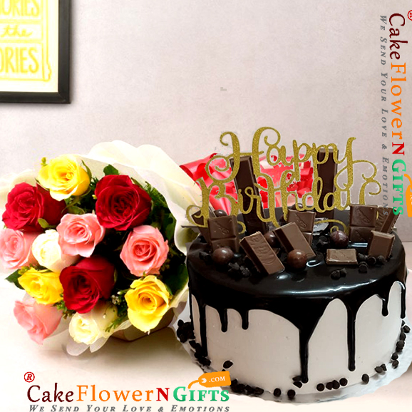 1 kg designer chocolate cake and 10 roses bouquet