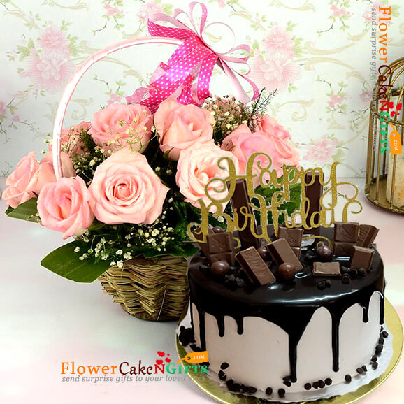 1kg eggless designer chocolate cake and 15 roses bouquet