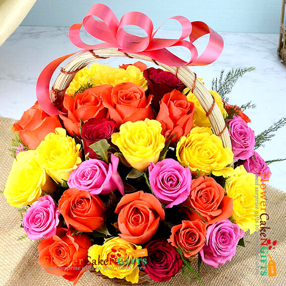 send 35 multicolour rose basket delivery