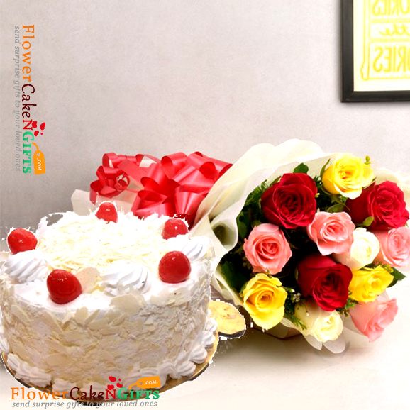 send 1kg eggless white forest cake and rose bouquet delivery