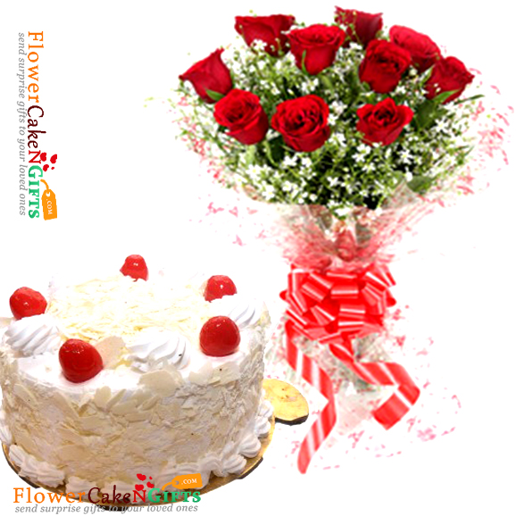 send half kg eggless white forest cake n 10 red rose  delivery