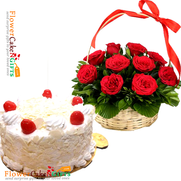 send half kg eggless white forest cake and 15 red roses basket delivery