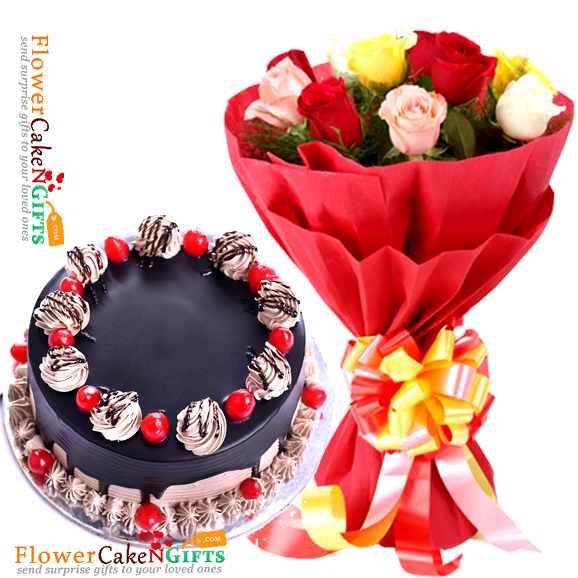 send half kg eggless designer chocolate cake and 10 mix roses bouquet delivery