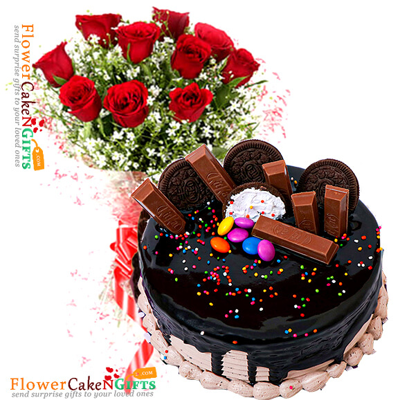 send half kg eggless choco oreo kit kat cake n 10 roses bouquet delivery