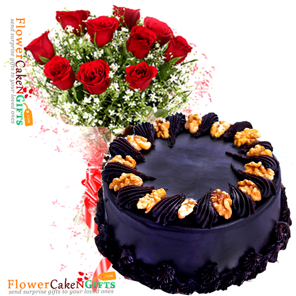 send half kg choco walnut cake n 10 roses bouquet delivery