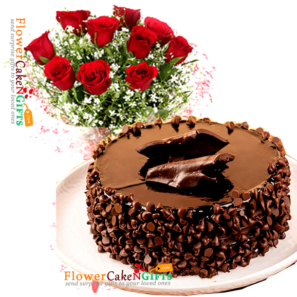 send half kg eggless choco chip cake n 10 roses bouquet delivery