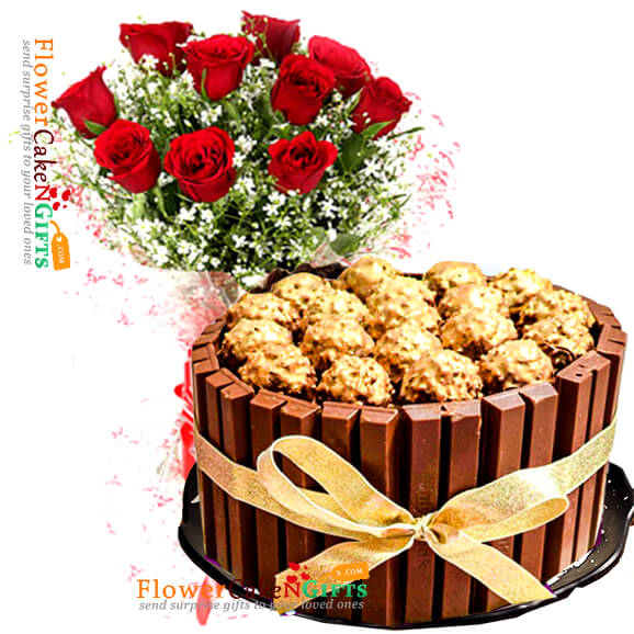 send 1kg eggless kitkat ferrero rocher cake n 10 roses bouquet delivery