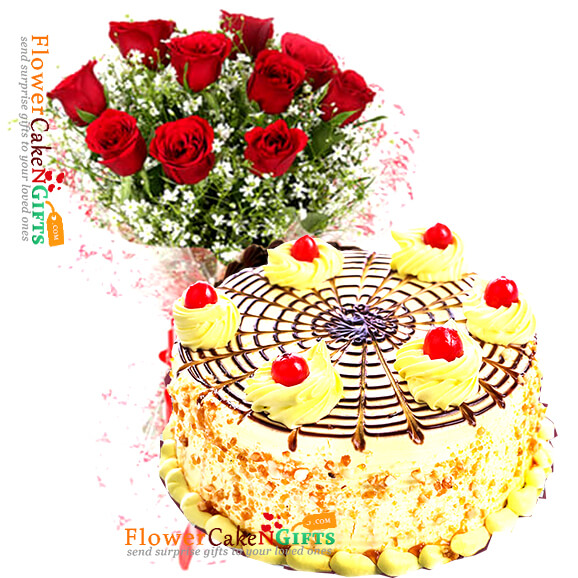 send half kg affable butterscotch cake n 10 roses bouquet delivery
