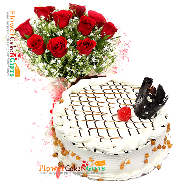 1kg butterscotch cake n 10 roses bouquet