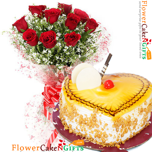 send half kg eggless butterscotch heart shape cake and 10 roses bouquet delivery
