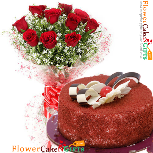 send 1kg red velvet cake heart shape and 10 roses bouquet delivery