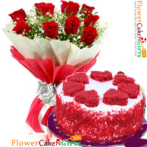 send half kg red velvet heart shape cake n 10 red roses bouquet delivery