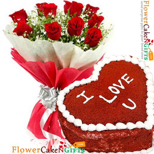 send half kg red velvet cake heart shape and 10 red roses bouquet delivery