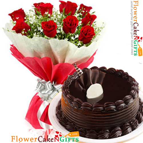 send half kg chocolate truffle and 10 red roses bouquet delivery