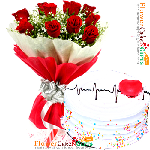 1kg eggless scrumptious hearty vanilla cake and 10 roses bouquet