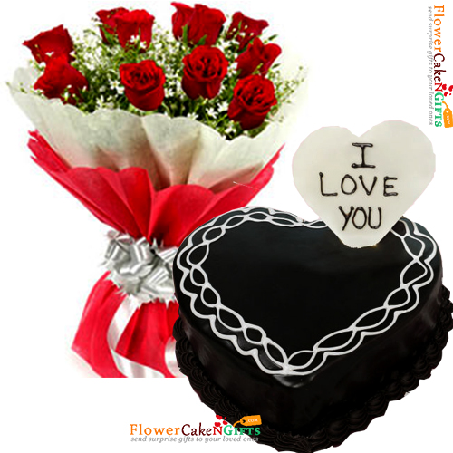send half kg heart shape chocolate cake and 10 roses bouquet delivery