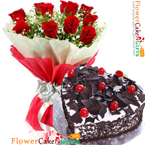 send 1kg eggless heart shape black forest cake n 10 roses bouquet delivery