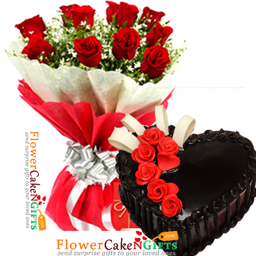 send 1kg heart shape toothsome chocolate cake n 10 roses bouquet delivery