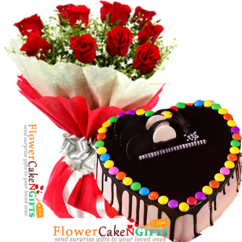send half kg heart shape gems chocolate cake n 10 roses bouquet delivery