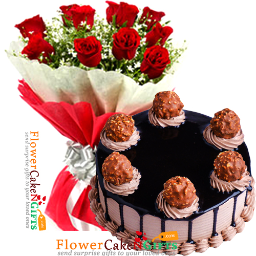 send half kg eggless creamy ferrero choco cake n 10 roses bouquet delivery