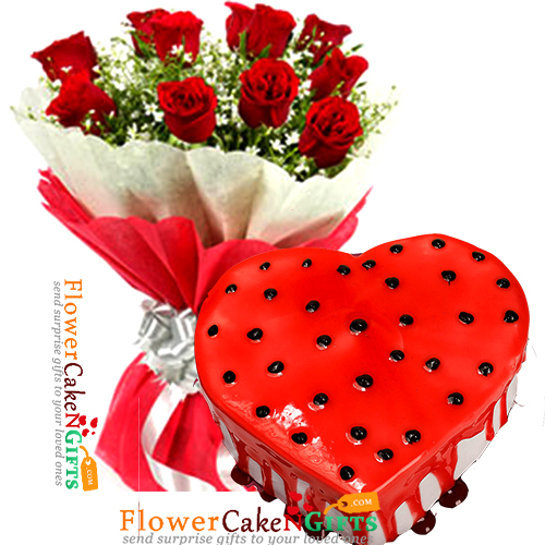 send half kg eggless strawberry heart shape cake n 10 roses bouquet delivery