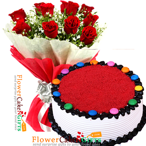 send half kg red velvet gems cake heart shape and 10 red roses bouquet delivery