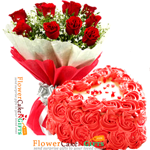 send half kg strawberry rose cake and 10 red roses bouquet delivery