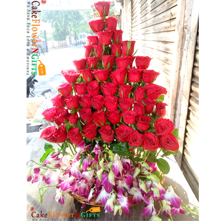 send 55 roses 6 purple orchids flower basket delivery