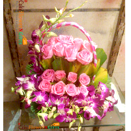 send 16 roses 5 purple orchids flower basket delivery