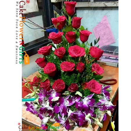 send 20 red roses 3 purple orchids basket delivery