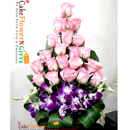 send 20 pink roses 2 purple orchids basket delivery