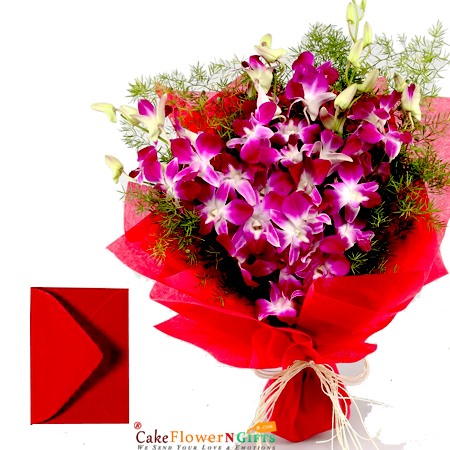 send 6 designer purple orchids bouquet with greeting card delivery