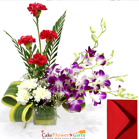 send 4 purple orchids 8 red n white carnations vase and card delivery