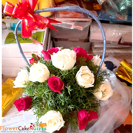send 15 red white roses flower basket delivery