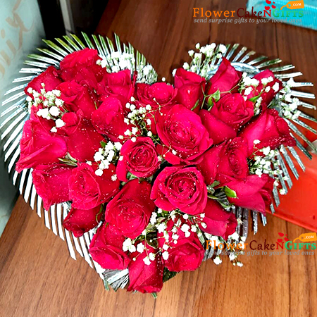 send 25 red roses heart shape arrangement delivery