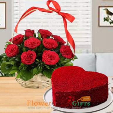 send half kg heart shape red velvet cake 15 red roses basket delivery