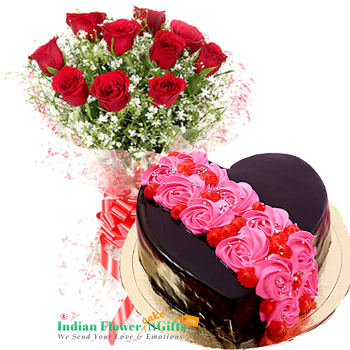 send half kg roses on heart designer chocolate cake and 10 roses delivery